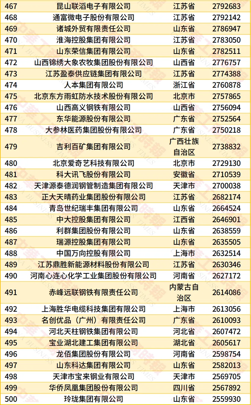 民营企业500强榜单12